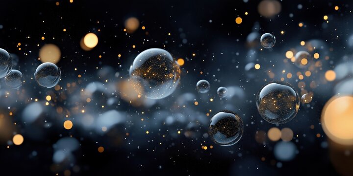 Abstract, soft black-and-white bokeh backdrop with clusters of glowing glass bubbles filled with golden light