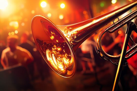Brass and Beats: A close-up shot of a gleaming brass trumpet, its bell bathed in warm stage lights, capturing the raw energy of a live performance.