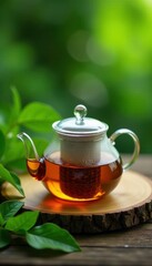 Soothing tea in a glass teapot on a wooden table amidst lush green leaves, glass teapot, calmness, relaxation