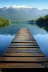 Fototapeta premium Serene Wooden Pier Extending into Tranquil Lake with Majestic Mountain Range in the Background Under Clear Blue Sky
