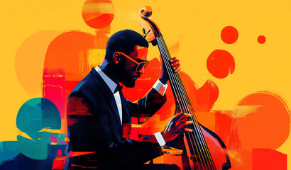 Jazz Musician: A stylish man in a suit plays the double bass, his focused expression reflecting passion and skill against a vibrant, abstract background.