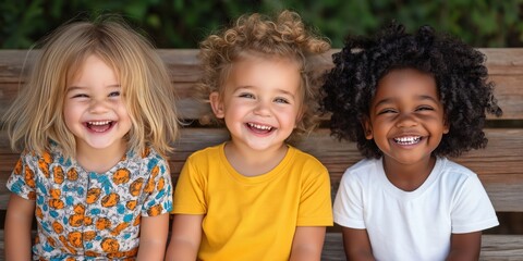 Three young children are sitting on a bench, smiling and laughing. They are wearing yellow shirts and have curly hair. The scene is cheerful and lighthearted