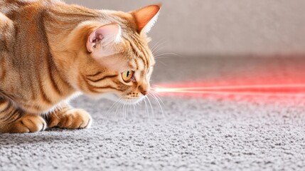 Laser Focus: An alert, amber-eyed tabby cat intensely watches a red laser pointer beam on a carpet, its body poised for action. The image captures the cat's predatory instincts and playful curiosity.