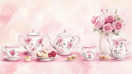 Fototapeta premium Watercolor illustration of British afternoon tea,tea break in the English style,tea set with Afternoon tea stand with macaroons and scone,cake,cup of tea,Tea time dessert table,vintage style.