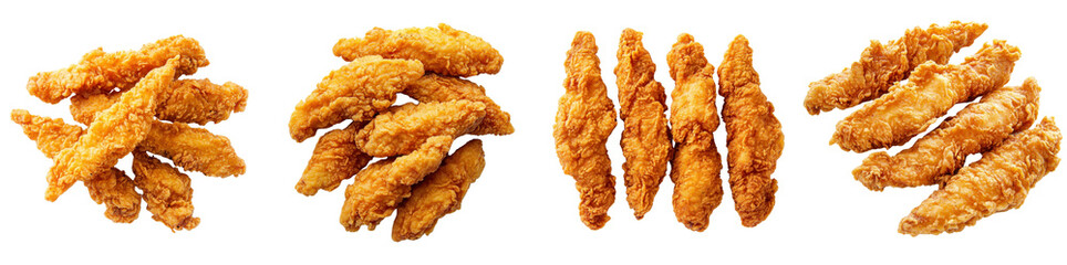 Crispy fried chicken strips arranged neatly, isolated on a white background. Mix Collection Png.