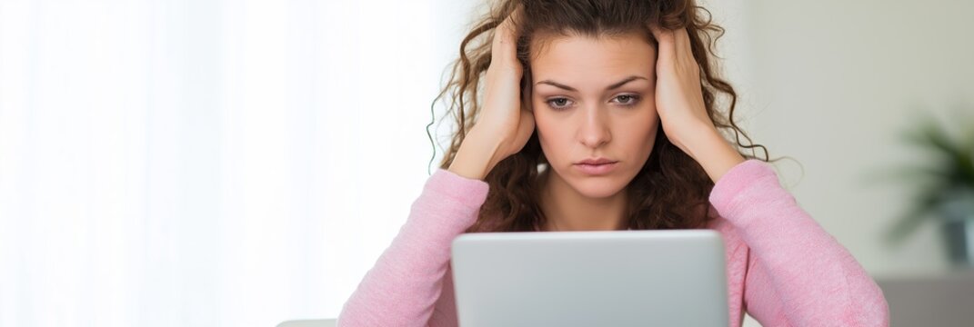 A woman is sitting at a table with a laptop in front of her. She is looking at the screen with a worried expression on her face