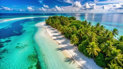 Aerial view of stunning white sandy beaches with crystal clear waters and vibrant greenery, lined with swaying coconut trees in Paradise Island , ocean, palm tree
