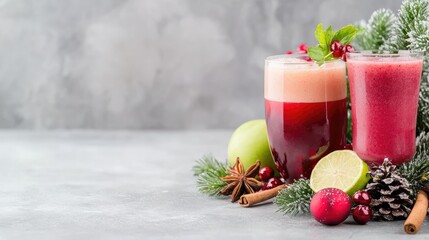 Festive cranberry and apple smoothies, Christmas decorations, grey background.  Holiday food photography for recipes or blogs
