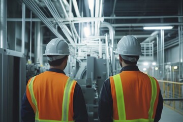 Two workers talking in metal fabrication plant. Engineers observing the various operations in a factory. Professionals assess a modern industrial work environment. Productivity Improvement of Industry