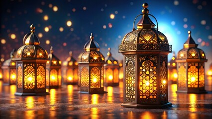 Obraz premium Glowing Arabic Lanterns Illuminating Night - 3D Render Stock Photo
