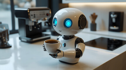  white humanoid robot with blue eyes holding a cup of coffee