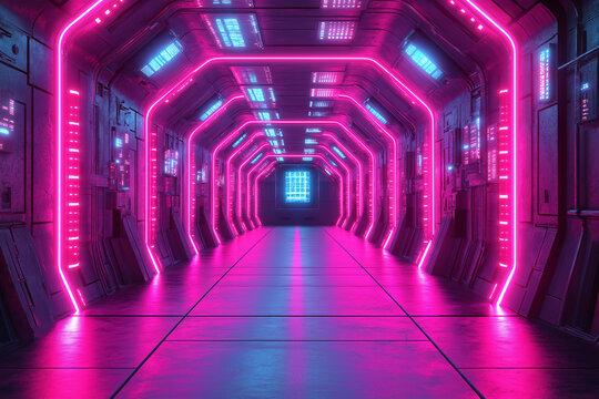 Symmetrical composition of a Cyberpunk robot factory with a digital augmented reality overlay that adds additional digital graphics to the world - Powered by Adobe