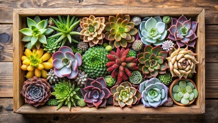 wooden box of flowering succulent plants viewed from above, showcasing various species in a decorative arrangement, Wooden Box, Succulents