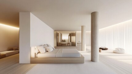 Fototapeta premium Serene bedroom with neutral tones and a cozy bed, set against an infinite seamless white background.
