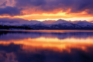 Fototapeta premium lake tahoe panorama at golden hour, snow-capped peaks reflecting in crystal waters, dramatic clouds painted orange and purple, pine trees silhouetted