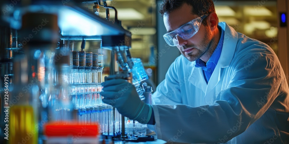 Poster a scientist in a lab exploring new materials for energy storage, showcasing ongoing research in inno