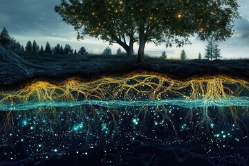 layered ecosystem illustration showing underground fungal networks connecting tree roots with bioluminescent mycelium threads