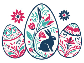 Obraz premium Tres huevos de Pascua con diseños brillantes, dispuestos en fila sobre un fondo blanco, están decorados con flores y una silueta de conejo en el centro.