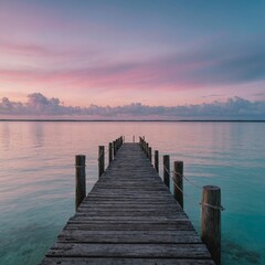 Fototapeta premium A wooden pier extending into calm sapphire waters under a pastel sky.