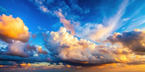 Softly glowing blue sky at sunset with puffy white clouds drifting lazily across the horizon