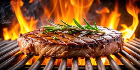 A juicy steak sizzling on a hot grill surrounded by flames