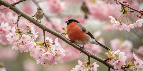 Fototapeta premium photo of a bird sitting on a branch of cherry flowers