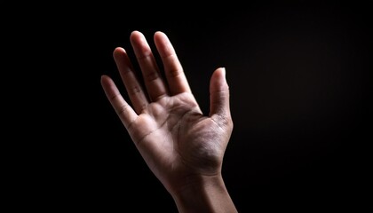 a single hand performing a gentle waving gesture, symbolizing greeting, farewell, or connection, with soft dramatic lighting against a dark background highlighting the natural movement and expressive 
