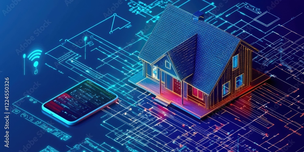 Poster A smart home with interconnected devices controlled by a smartphone, showcasing the integration of electric-powered smart technology