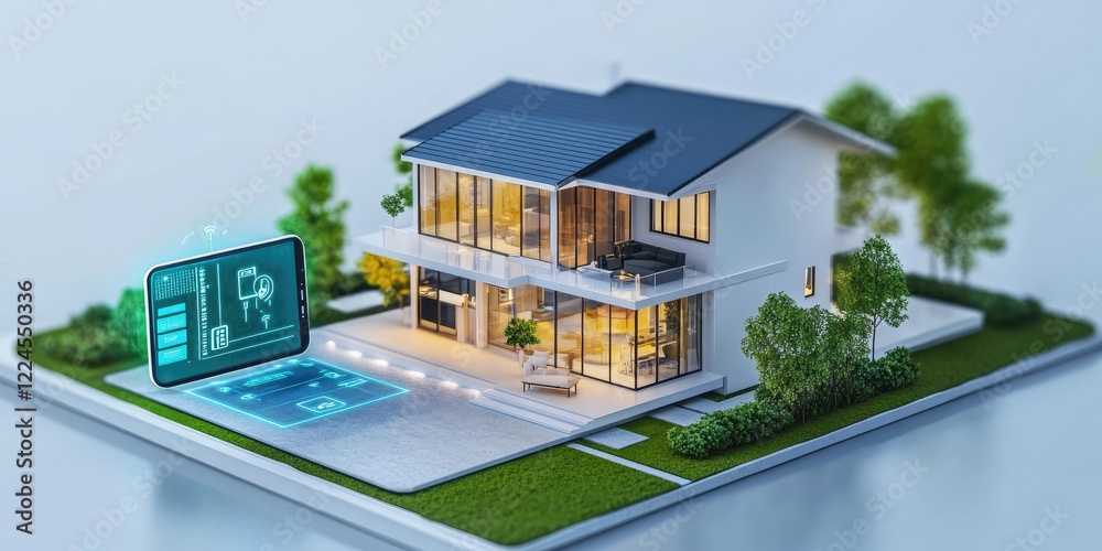 Poster A smart home with interconnected devices controlled by a smartphone, showcasing the integration of electric-powered smart technology
