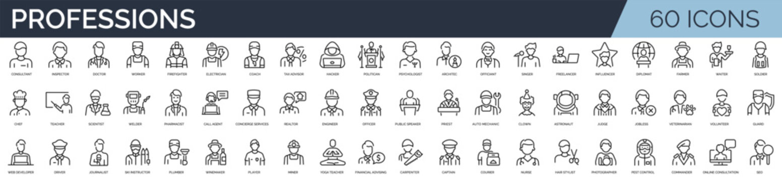 Set of 60 outline icons related to professions.  Linear icon collection. Editable stroke. Vector illustration	