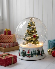 christmas tree decorations, magic mood christmas tree with gifts inside a snow