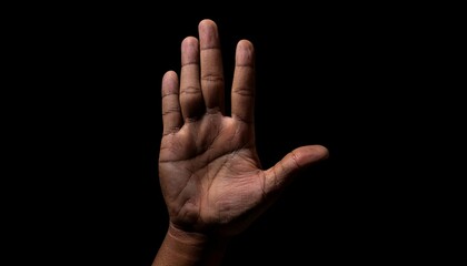 a single hand with fingers spread apart, creating a strong stop gesture against a dark background with dramatic lighting and detailed skin texture
