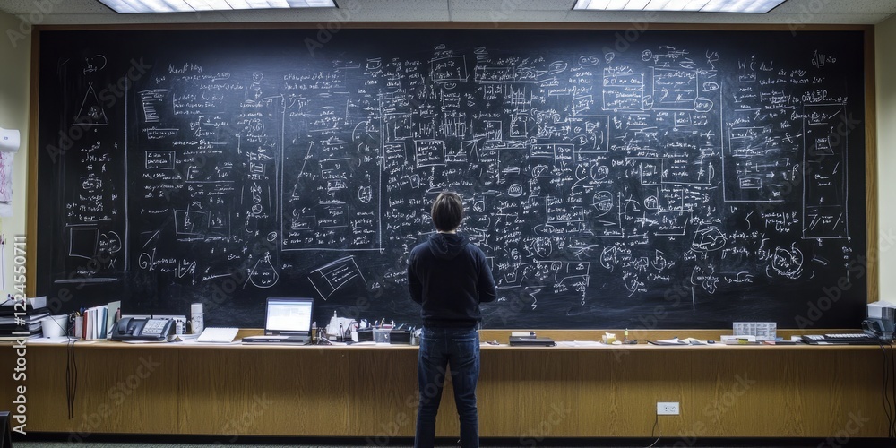 Poster A person standing at a chalkboard covered in equations and diagrams, depicting the process of formulating and explaining theoretical frameworks