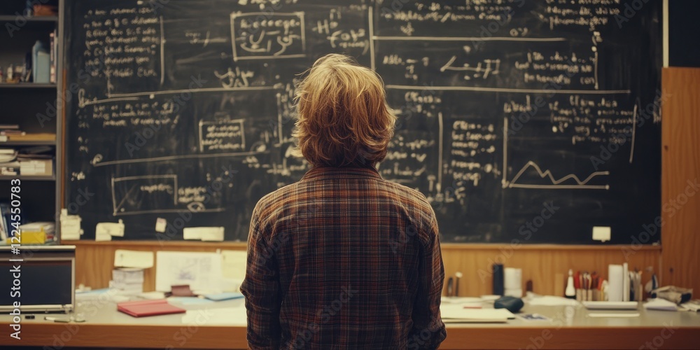 Aufkleber A person standing at a chalkboard covered in equations and diagrams, depicting the process of formulating and explaining theoretical frameworks