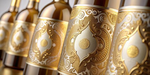 Luxurious gold foil labels on a bottle with elegant design , golden label