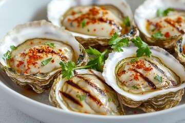 Grilled oysters: A seafood appetizer. Grilled oysters topped with herbs and spices on a plate.