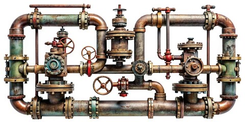Vintage Steampunk Pipes: Retro Industrial Pipeline Fittings & Valves Isolated on White Background