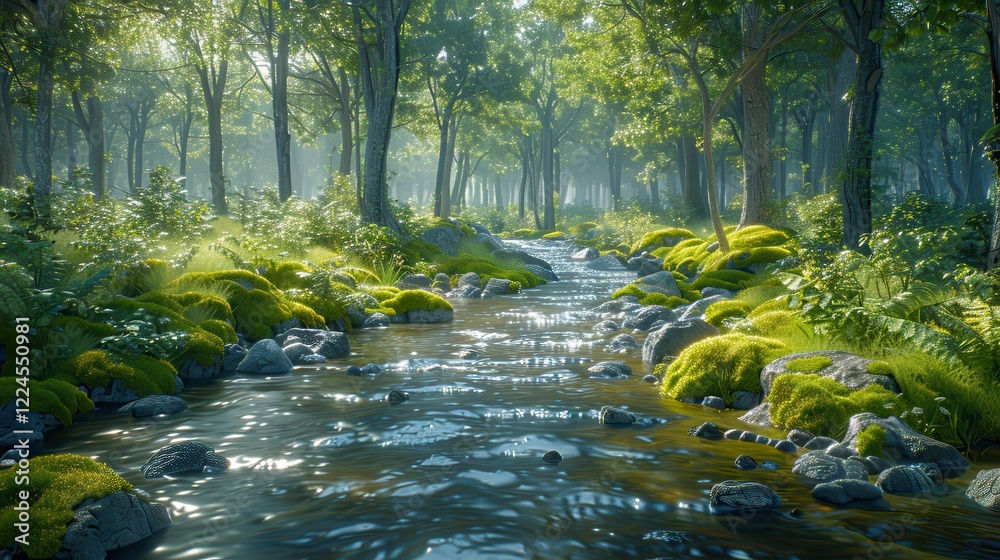 Wall mural Peaceful Forest Stream with Sunlight Filtering Through Trees