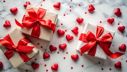 red gift box with ribbon, valentines day romantic white marble background