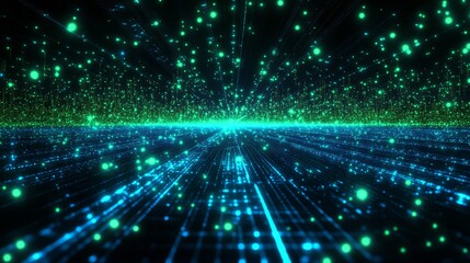 Abstract digital circuit background with glowing blue and green pathways on a dark grid 