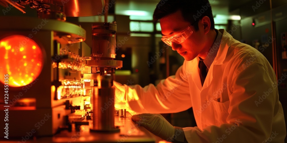 Poster a scientist in a lab analyzing radioactive materials, highlighting the scientific aspects of nuclear
