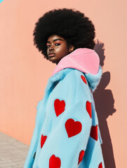 Obraz premium Portrait of modern young beautiful girl, standing and posing in Valentine's day costume with vivid color coat with a print of love hearts. Illustration. Generative AI