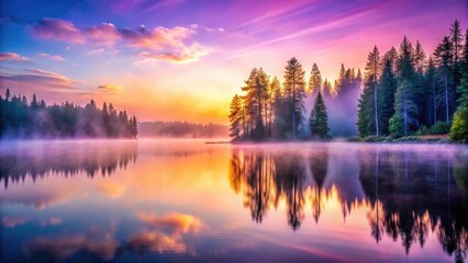 Softly glowing purple mist rises from a tranquil lake surrounded by tall trees with a fuzzy pink blue yellow background gradient, environment, background