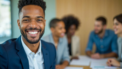 Man in Suit Smiling at Table with Friends Enjoying Their Time