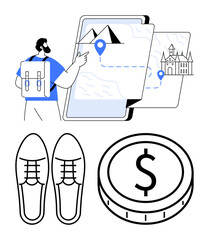 Backpacker interacting with a digital map, exploring mountain and castle icons. Includes travel shoes and a coin. Ideal for travel, tourism, navigation, budgeting, adventure, exploration abstract