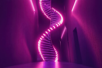 luminous 3d dna helix rendered in neon light tubes, spinning gracefully through a minimalist void with geometric accents