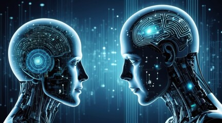 Robotic Heads Facing Each Other in a Blue Digital World