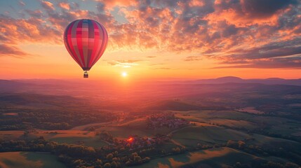 Fototapeta premium Hot air balloon adventure at sunrise over scenic hills aerial photography beautiful landscape