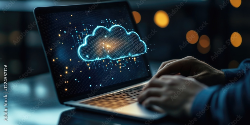 Poster man use Laptop with cloud computing diagram show on hand. Cloud technology. Data storage. Networking and internet service concept