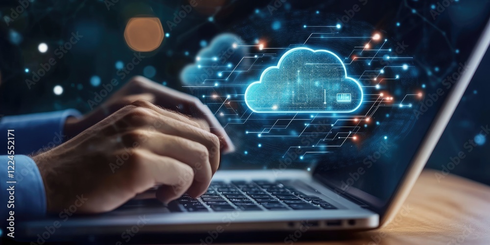 Poster man use laptop with cloud computing diagram show on hand. cloud technology. data storage. networking